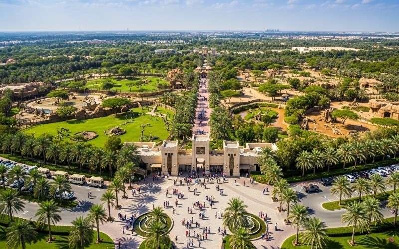 Aerial-view-of-Dubai-Safari-Park-showing-main-entrance,-walking-paths,-and-wildlife-zones