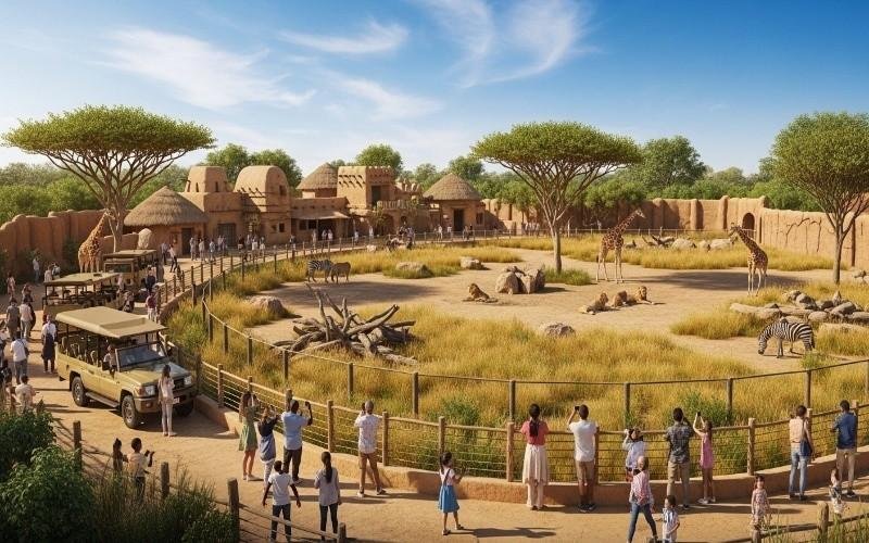 African-Village-at-Dubai-Safari-Park-with-giraffes,-lions,-and-zebras-in-natural-enclosures