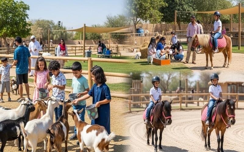 Children-feeding-goats-and-riding-ponies-at-the-Kids-Farm-in-Dubai-Safari-Park
