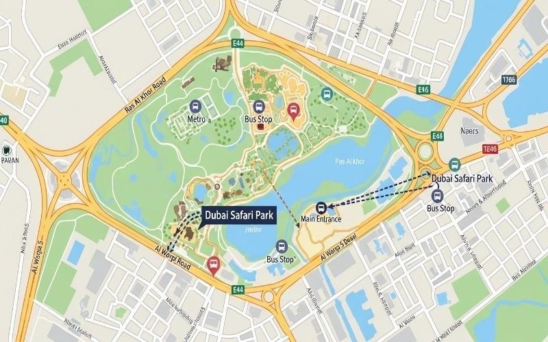 Map-showing-Dubai-Safari-Park-location-in-Al-Warqa-5-with-nearby-roads-and-transport-options
