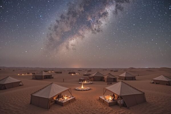 Luxury tents under a starry night sky during Dubai’s Overnight Desert Safari