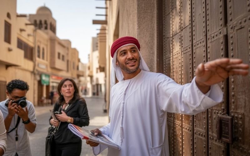 Local Emirati guide leading an Old Dubai walking tour, explaining historic sites to interested tourists.