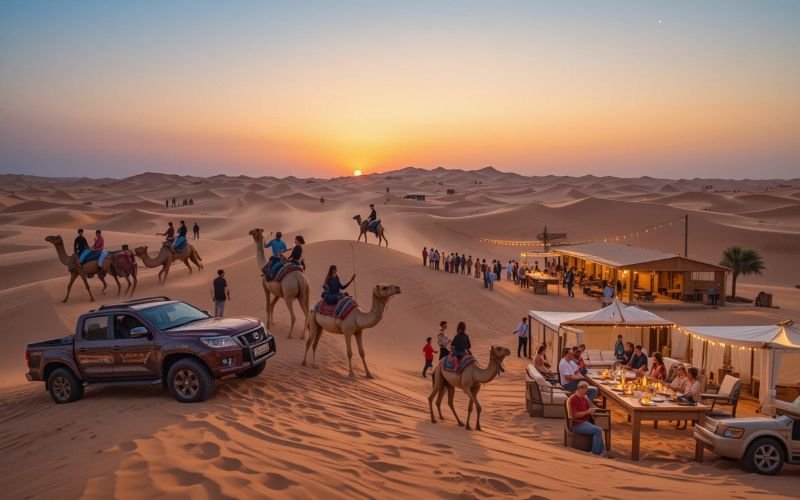 Groups of tourists enjoying camel rides and dinner at a desert safari camp in Dubai during sunset.
