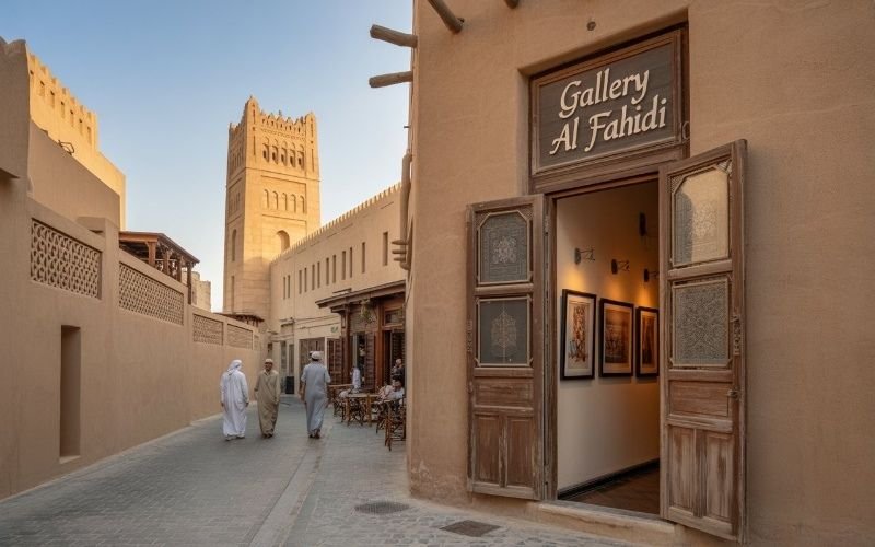 Traditional Al Fahidi neighborhood with art galleries and locals walking, seen during an Old Dubai walking tour.