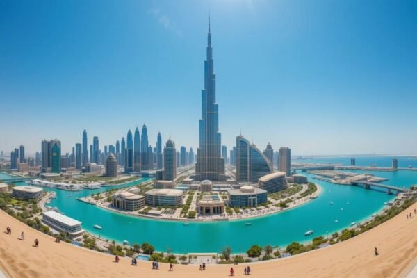 A breathtaking view of Burj Khalifa and Dubai skyline with canals, modern architecture, and tourists, perfect for a Dubai City Tour experience.