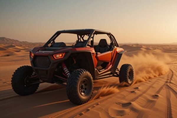 Dubai dune buggy driving through desert sands at sunset, showing off-road adventure experience.