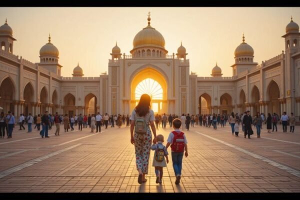 A mother and two kids walking toward the entrance of Dubai Global Village during sunset, surrounded by golden domes and a lively crowd.