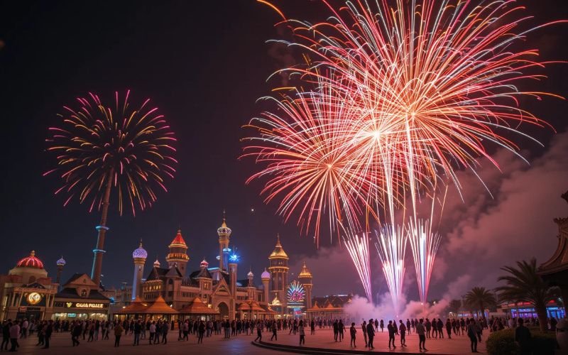 Colorful fireworks lighting up the night sky at Dubai Global Village, with crowds enjoying the festive celebration.
