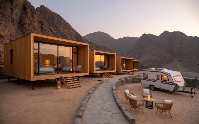Luxury wooden cabins and a caravan setup in the mountains during a Hatta tour from Dubai.