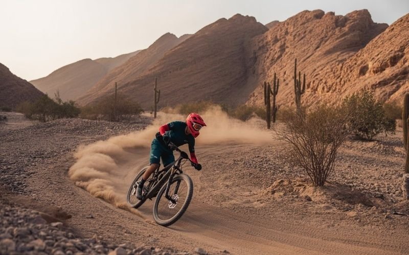 Mountain biker riding through rocky desert trails during a Hatta tour from Dubai.