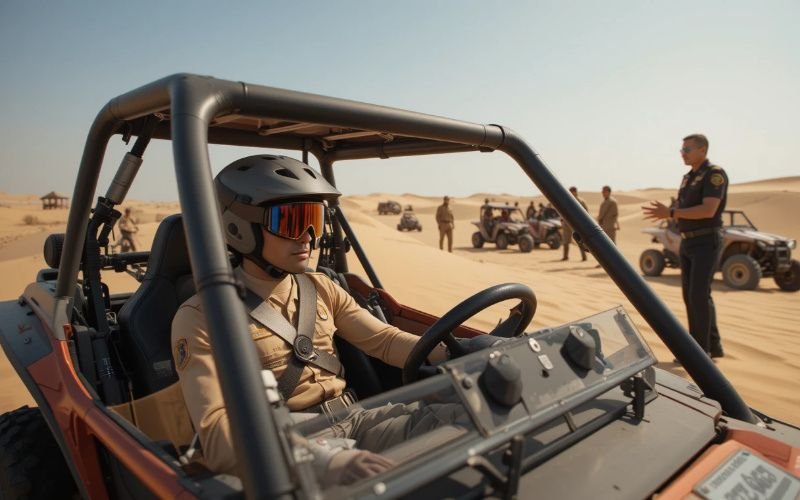 Self-drive dune buggy Dubai rider receiving safety instructions before desert adventure