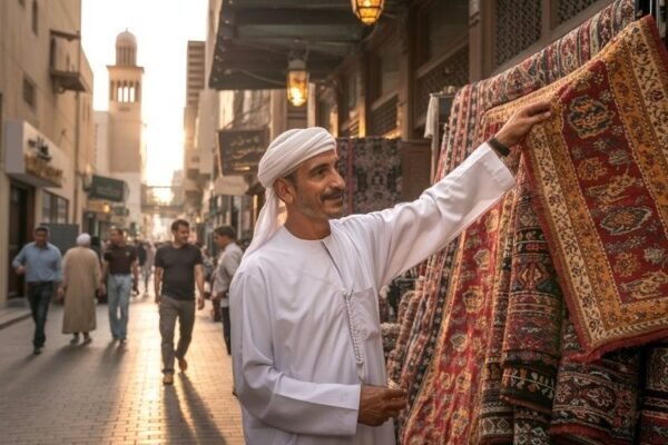 Local Emirati man showing traditional carpets in a bustling street market during an Old Dubai walking tour.