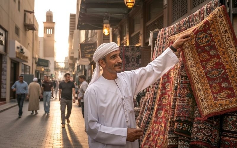 Local Emirati man showing traditional carpets in a bustling street market during an Old Dubai walking tour.