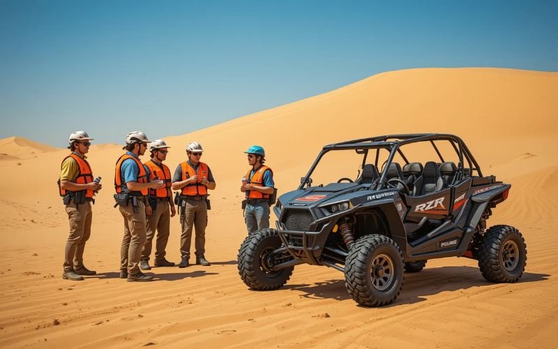 Tourists receiving a safety briefing before a Dubai Dune Buggy Tour in the desert, standing next to a Polaris RZR dune buggy under clear blue skies.