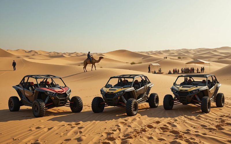 Three Dubai dune buggies parked on desert sand with camel rider and group safari in the background.