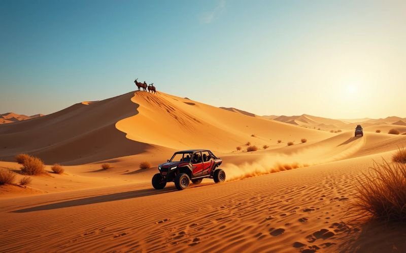 Dune buggy driving through golden sand dunes during a Dubai Dune Buggy Tour at sunset, with camels on a dune and another vehicle in the background.