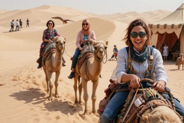 Happy tourists riding camels in the Dubai desert near a traditional camp during a group safari tour.