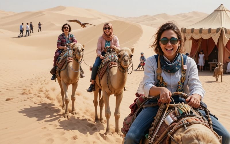 Happy tourists riding camels in the Dubai desert near a traditional camp during a group safari tour.