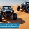 RZR vs Can-Am – powerful off-road vehicle driving through golden desert dunes during an adventure in Dubai.