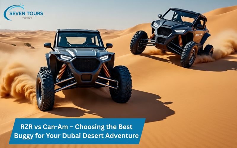 RZR vs Can-Am – powerful off-road vehicle driving through golden desert dunes during an adventure in Dubai.