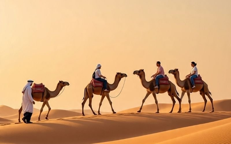 Tourists enjoying a camel ride across golden sand dunes in Dubai desert at sunset, guided by a local.