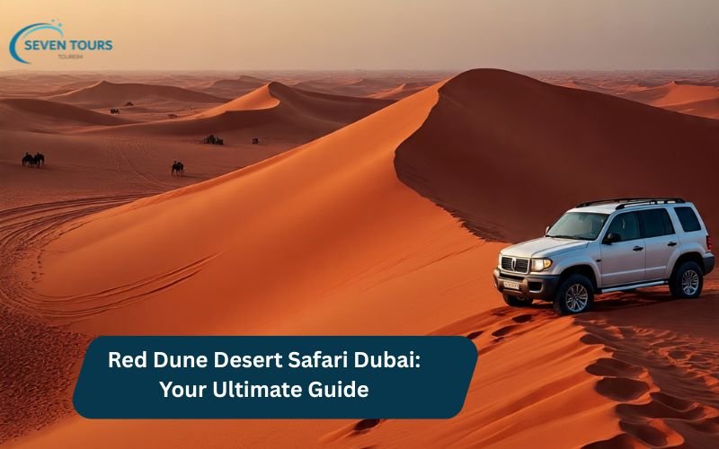 SUV parked on the stunning red sand dunes of Dubai desert during a Red Dune Desert Safari adventure.