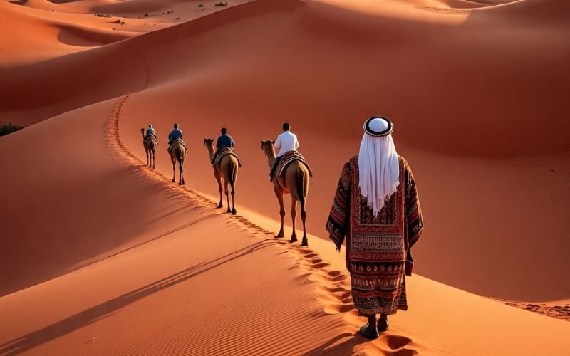 SUV parked on the stunning red sand dunes of Dubai desert during a Red Dune Desert Safari adventure.