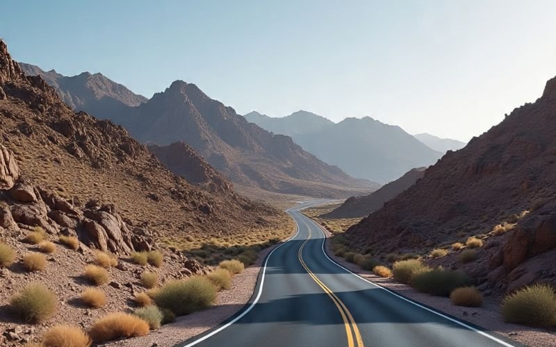 Dubai Hatta Road winding through rocky mountains and desert landscape under a clear sky.