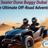 2 Seater Dune Buggy Dubai ride through golden desert dunes with two riders wearing helmets, enjoying an off-road adventure.