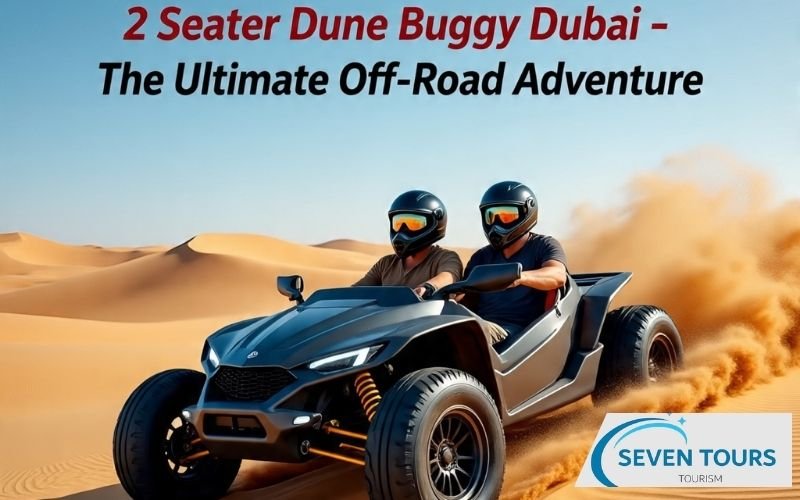 2 Seater Dune Buggy Dubai ride through golden desert dunes with two riders wearing helmets, enjoying an off-road adventure.