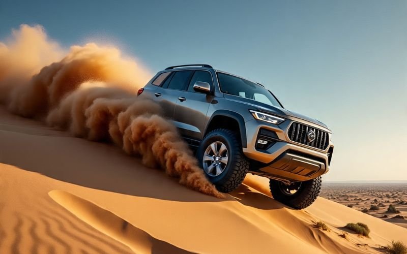What is Dune Bashing in Dubai SUV driving at high speed through golden desert dunes, kicking up clouds of sand.