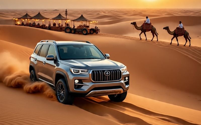 Combining dune bashing with other desert activities SUV driving through golden dunes alongside camel riders at sunset.