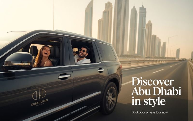 Couple enjoying a luxury ride from Dubai in a private SUV during a private Abu Dhabi city tour from Dubai.