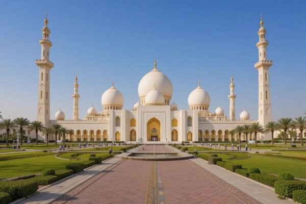 Sheikh Zayed Grand Mosque captured on a sunny day, a must-visit destination during a private Abu Dhabi city tour from Dubai.