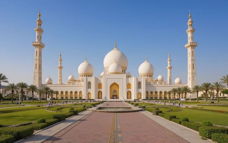 Sheikh Zayed Grand Mosque captured on a sunny day, a must-visit destination during a private Abu Dhabi city tour from Dubai.