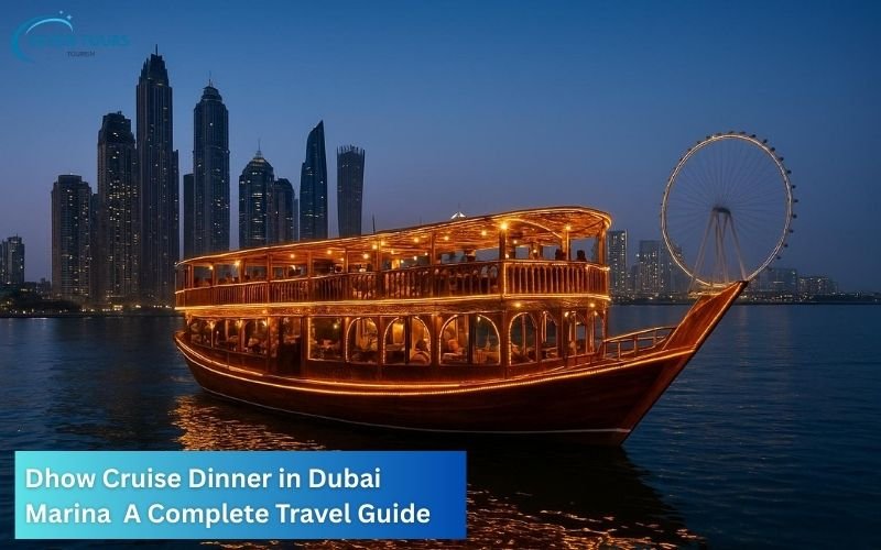 Traditional dhow boat illuminated with warm lights, cruising along Dubai Marina at night with skyscrapers and the Ferris wheel in the background.