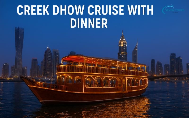 Traditional Creek Dhow Cruise with dinner in Dubai Marina skyline at night.