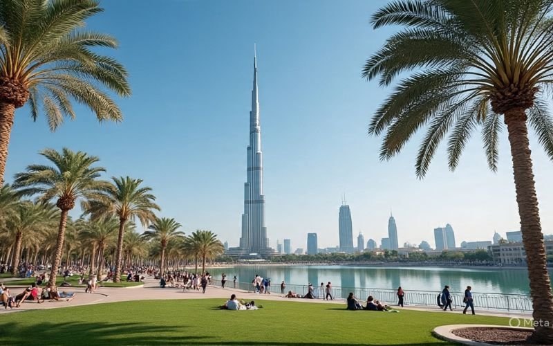 Burj Park Downtown Dubai with Burj Khalifa view and people relaxing by the waterfront.