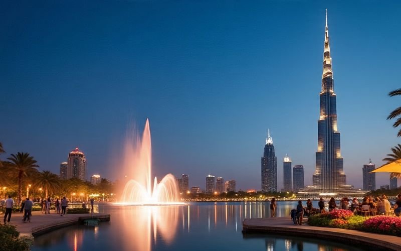 Burj Park Downtown Dubai at evening with Burj Khalifa and fountain show.