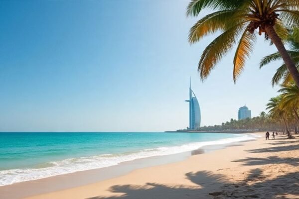 Sufouh Beach Dubai with Burj Al Arab view and palm trees.