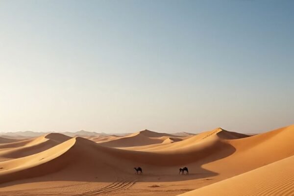 Vast sand dunes of Al Awir Desert in Dubai with two camels walking across the golden landscape under a clear sky.