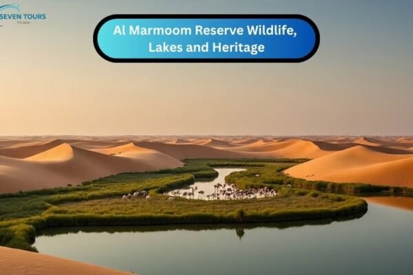 Al-Marmoom-Reserve Scenic view of Al Marmoom Desert Conservation Reserve with lakes, sand dunes, and wildlife.