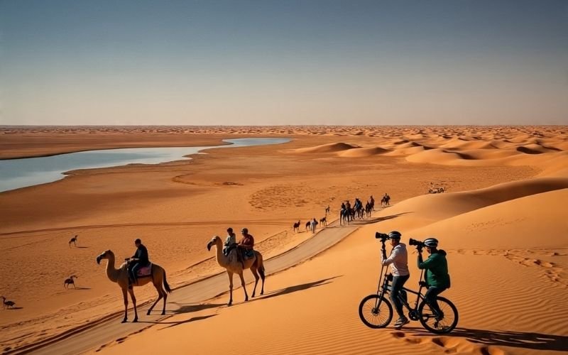 Tourists enjoying camel rides and cycling at Al Marmoom Desert Reserve near desert lakes.