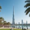 Burj Park Downtown Dubai with Burj Khalifa view and people relaxing by the waterfront.