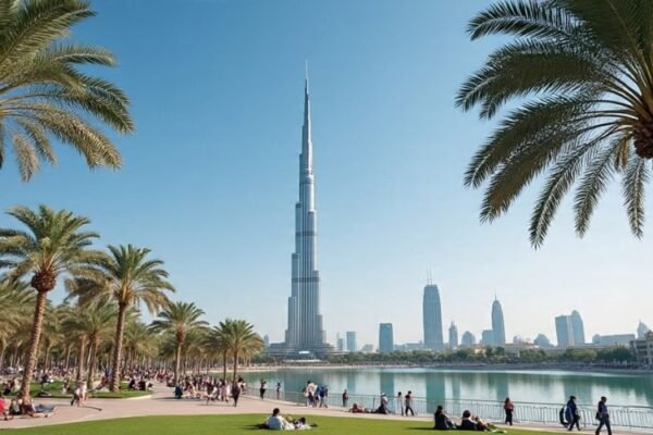 Burj Park Downtown Dubai with Burj Khalifa view and people relaxing by the waterfront.