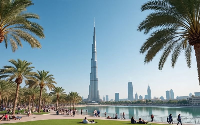Burj Park Downtown Dubai with Burj Khalifa view and people relaxing by the waterfront.