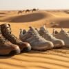 A lineup of the best safari shoes on golden desert sand with camels in the background.