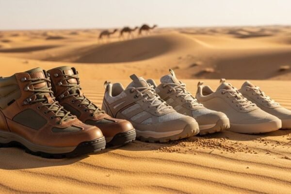 Best-Safari-Shoes A lineup of the best safari shoes on golden desert sand with camels in the background.