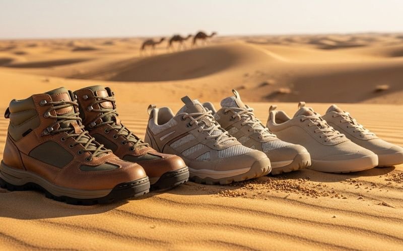 A lineup of the best safari shoes on golden desert sand with camels in the background.