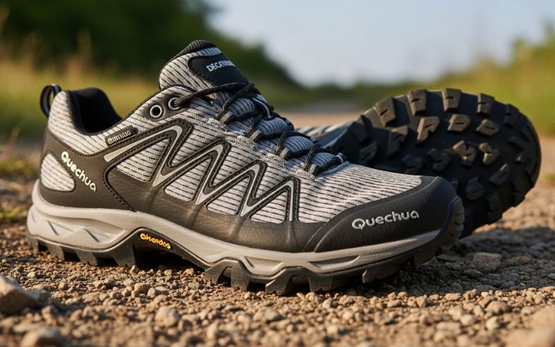 Durable Quechua hiking shoes on a rocky outdoor trail, ideal for safari and adventure travel the best safari shoes for comfort and grip.